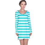 Horizontal Stripes - White and Bright Turquoise Long Sleeve Nightdress