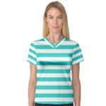 Horizontal Stripes - White and Turquoise Women s V-Neck Sport Mesh Tee