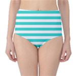 Horizontal Stripes - White and Turquoise High-Waist Bikini Bottoms