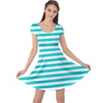 Horizontal Stripes - White and Cyan Cap Sleeve Dress