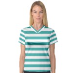 Horizontal Stripes - White and Verdigris Women s V-Neck Sport Mesh Tee