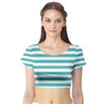 Horizontal Stripes - White and Verdigris Short Sleeve Crop Top (Tight Fit)