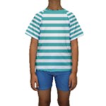 Horizontal Stripes - White and Verdigris Kid s Short Sleeve Swimwear