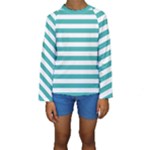 Horizontal Stripes - White and Verdigris Kid s Long Sleeve Swimwear