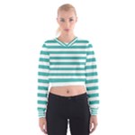 Horizontal Stripes - White and Verdigris Women s Cropped Sweatshirt