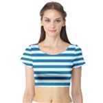 Horizontal Stripes - White and Cerulean Short Sleeve Crop Top (Tight Fit)