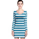 Horizontal Stripes - White and Cerulean Long Sleeve Velvet Bodycon Dress