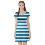 Horizontal Stripes - White and Cerulean Short Sleeve Skater Dress