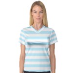 Horizontal Stripes - White and Light Blue Women s V-Neck Sport Mesh Tee