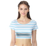 Horizontal Stripes - White and Light Blue Short Sleeve Crop Top (Tight Fit)