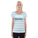 Horizontal Stripes - White and Light Blue Women s Cap Sleeve Top