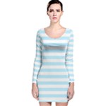 Horizontal Stripes - White and Light Blue Long Sleeve Velvet Bodycon Dress