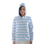 Horizontal Stripes - White and Light Blue Hooded Wind Breaker (Women)