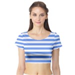 Horizontal Stripes - White and Cornflower Blue Short Sleeve Crop Top (Tight Fit)