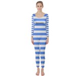 Horizontal Stripes - White and Cornflower Blue Long Sleeve Catsuit