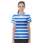 Horizontal Stripes - White and Dodger Blue Women s Sport Mesh Tee