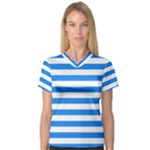 Horizontal Stripes - White and Dodger Blue Women s V-Neck Sport Mesh Tee