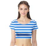 Horizontal Stripes - White and Dodger Blue Short Sleeve Crop Top (Tight Fit)