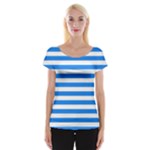 Horizontal Stripes - White and Dodger Blue Women s Cap Sleeve Top