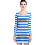 Horizontal Stripes - White and Dodger Blue Long Sleeve Bodycon Dress