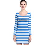 Horizontal Stripes - White and Dodger Blue Long Sleeve Velvet Bodycon Dress