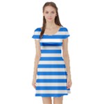 Horizontal Stripes - White and Dodger Blue Short Sleeve Skater Dress