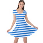 Horizontal Stripes - White and Dodger Blue Cap Sleeve Dress