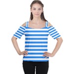 Horizontal Stripes - White and Dodger Blue Women s Cutout Shoulder Tee