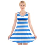 Horizontal Stripes - White and Dodger Blue V-Neck Sleeveless Dress