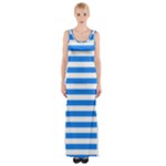 Horizontal Stripes - White and Dodger Blue Maxi Thigh Split Dress