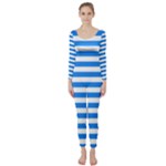 Horizontal Stripes - White and Dodger Blue Long Sleeve Catsuit