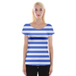 Horizontal Stripes - White and Royal Blue Women s Cap Sleeve Top