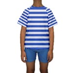 Horizontal Stripes - White and Cerulean Blue Kid s Short Sleeve Swimwear