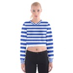 Horizontal Stripes - White and Cerulean Blue Women s Cropped Sweatshirt