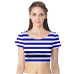 Horizontal Stripes - White and Dark Blue Short Sleeve Crop Top (Tight Fit)