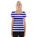 Horizontal Stripes - White and Dark Blue Women s Cap Sleeve Top