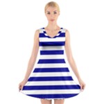 Horizontal Stripes - White and Dark Blue V-Neck Sleeveless Dress