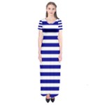 Horizontal Stripes - White and Dark Blue Short Sleeve Maxi Dress