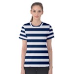 Horizontal Stripes - White and Oxford Blue Women s Cotton Tee