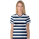 Horizontal Stripes - White and Oxford Blue Women s V-Neck Sport Mesh Tee