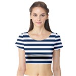 Horizontal Stripes - White and Oxford Blue Short Sleeve Crop Top (Tight Fit)