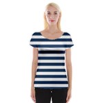 Horizontal Stripes - White and Oxford Blue Women s Cap Sleeve Top