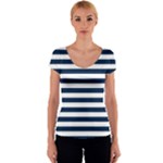 Horizontal Stripes - White and Oxford Blue Women s V-Neck Cap Sleeve Top