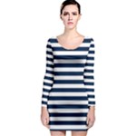 Horizontal Stripes - White and Oxford Blue Long Sleeve Bodycon Dress