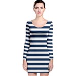 Horizontal Stripes - White and Oxford Blue Long Sleeve Velvet Bodycon Dress