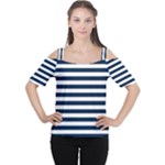 Horizontal Stripes - White and Oxford Blue Women s Cutout Shoulder Tee