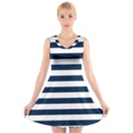 Horizontal Stripes - White and Oxford Blue V-Neck Sleeveless Dress