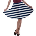 Horizontal Stripes - White and Oxford Blue A-line Skater Skirt