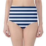 Horizontal Stripes - White and Oxford Blue High-Waist Bikini Bottoms