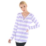 Horizontal Stripes - White and Pale Lavender Violet Women s Tie Up Tee